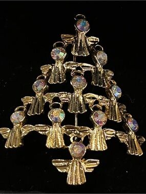 JJI Rare Angel Christmas Tree Brooch Aurora Borealis Rhinestone Gold Tone Pin